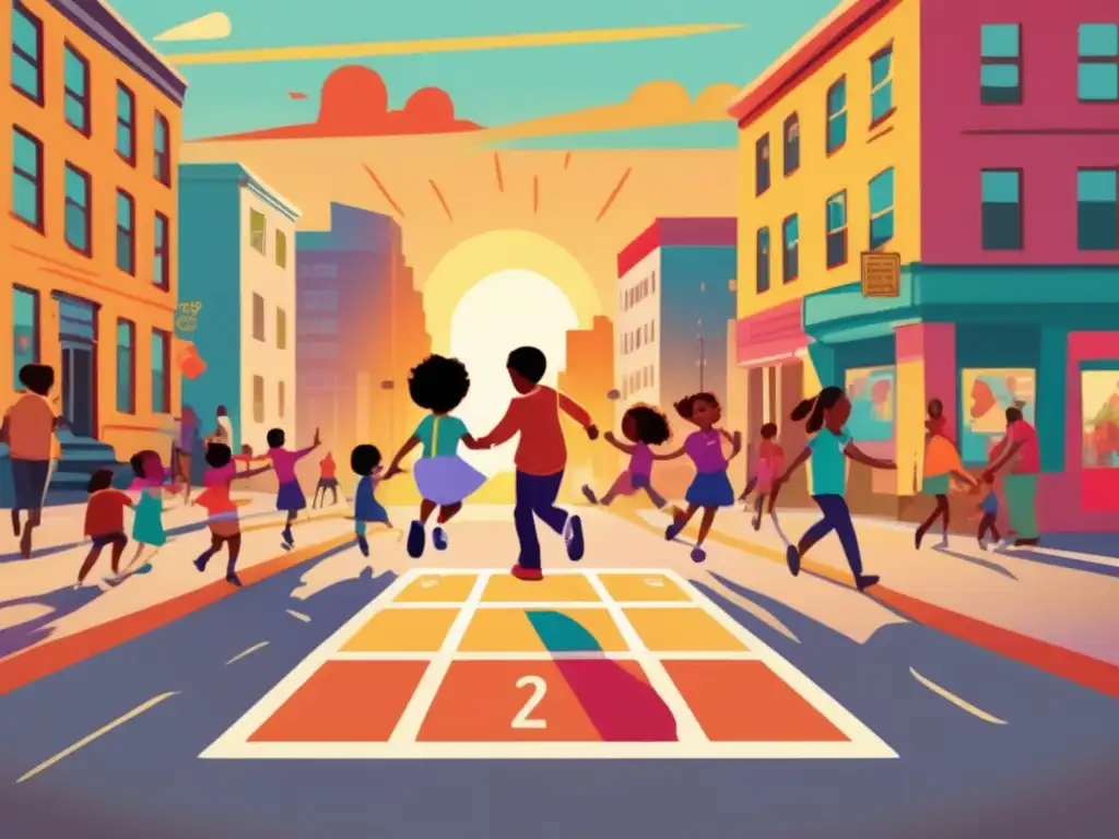 Juego de rayuela al atardecer en la ciudad