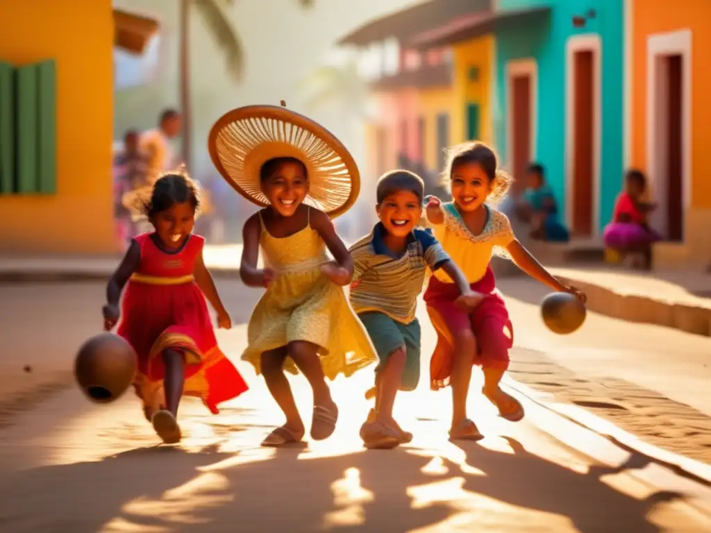 Niños disfrutan jugando trompos en una calle polvorienta de un pueblo latinoamericano, resaltando la tradición del juego del trompo.