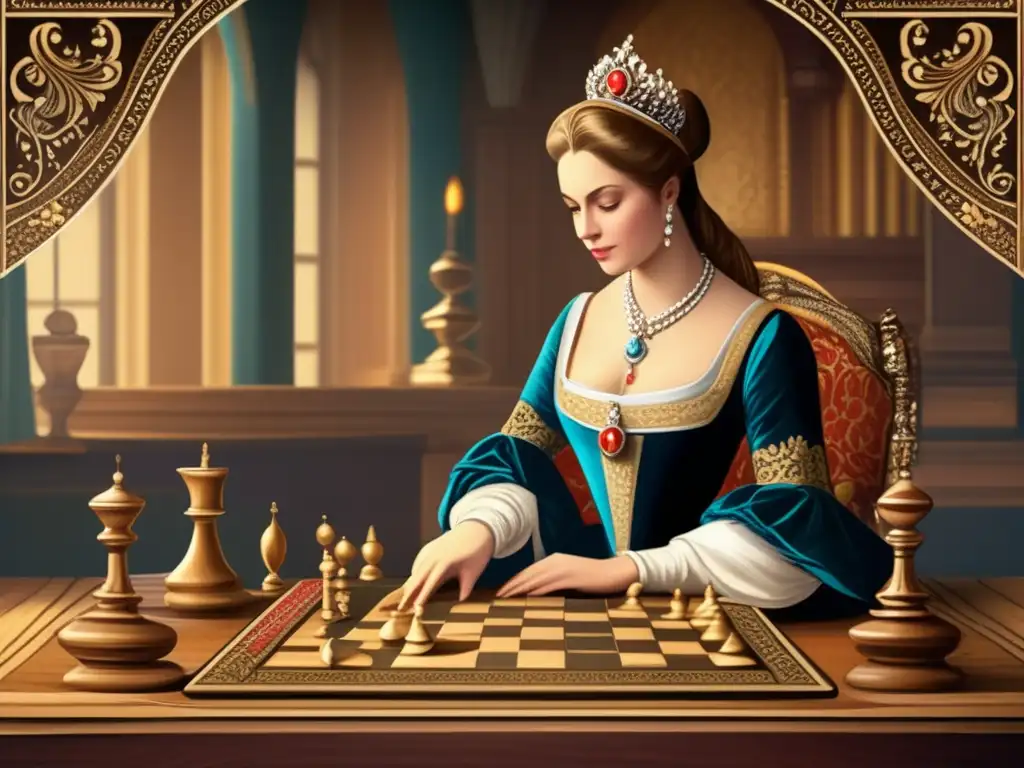 Una noble europea juega estratégicamente damas en un lujoso entorno medieval, evocando la historia y la elegancia de Europa.