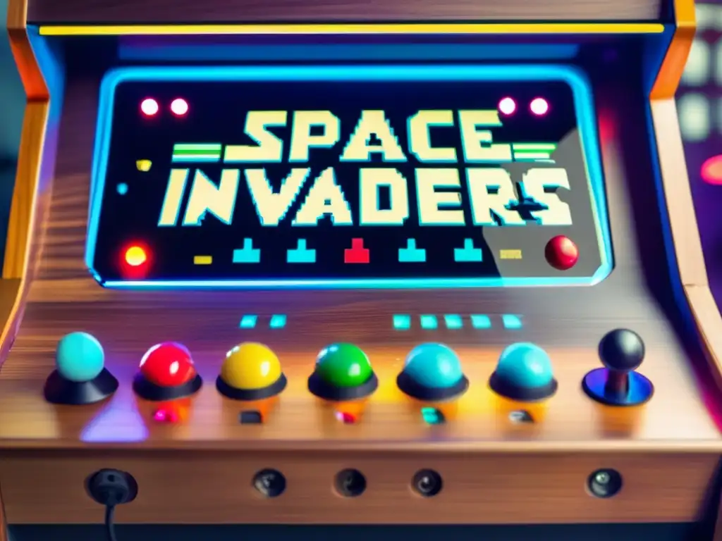 Experimenta la nostalgia de los juegos arcade con la influencia del juego Space Invaders, en un gabinete vintage iluminado por luces de neón.