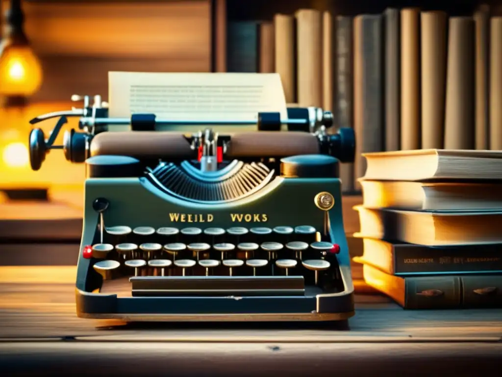 Una nostálgica escena con una máquina de escribir vintage rodeada de novelas desgastadas. Metáfora social en novelas contemporáneas.