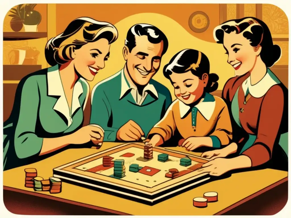Una nostálgica ilustración vintage de una familia resolviendo un acertijo juntos, fomentando el desarrollo del pensamiento crítico en la infancia.