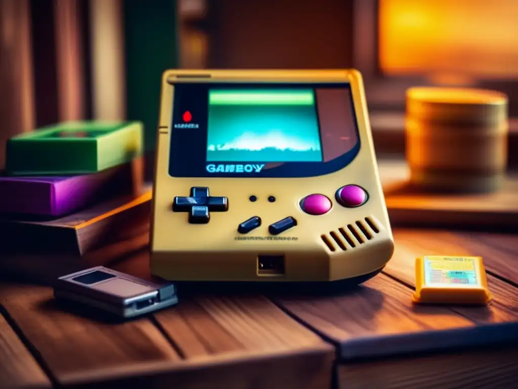 Una nostálgica imagen de un Game Boy vintage rodeado de coloridos cartuchos, iluminado por una suave luz. <b>Evoca historia y el impacto cultural de las consolas portátiles.
