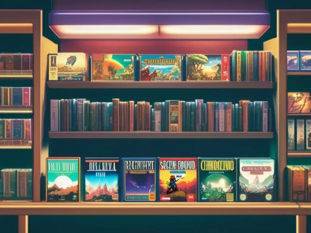 Una nostálgica imagen detallada de estantes de una tienda de videojuegos vintage, con juegos clásicos de la era de Chrono Trigger. <b>El arte colorido de las cajas y el diseño retro de los cartuchos evocan una atmósfera nostálgica.</b> <b>Análisis impacto cultural Chrono Trigger.