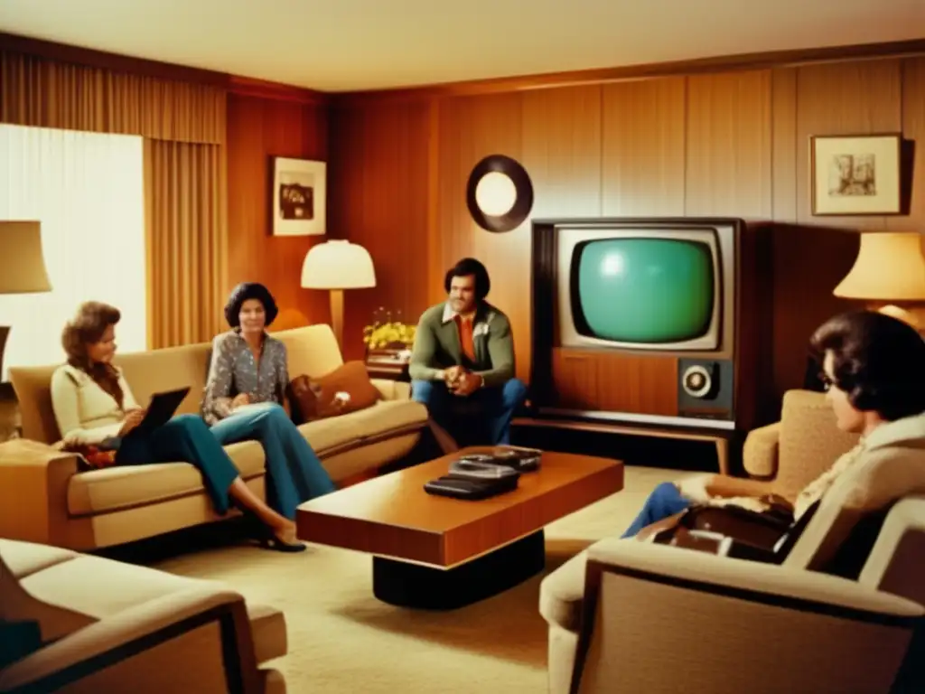 Una nostálgica imagen vintage de una familia jugando juntos en un salón de los 70, destacando la evolución de las consolas.