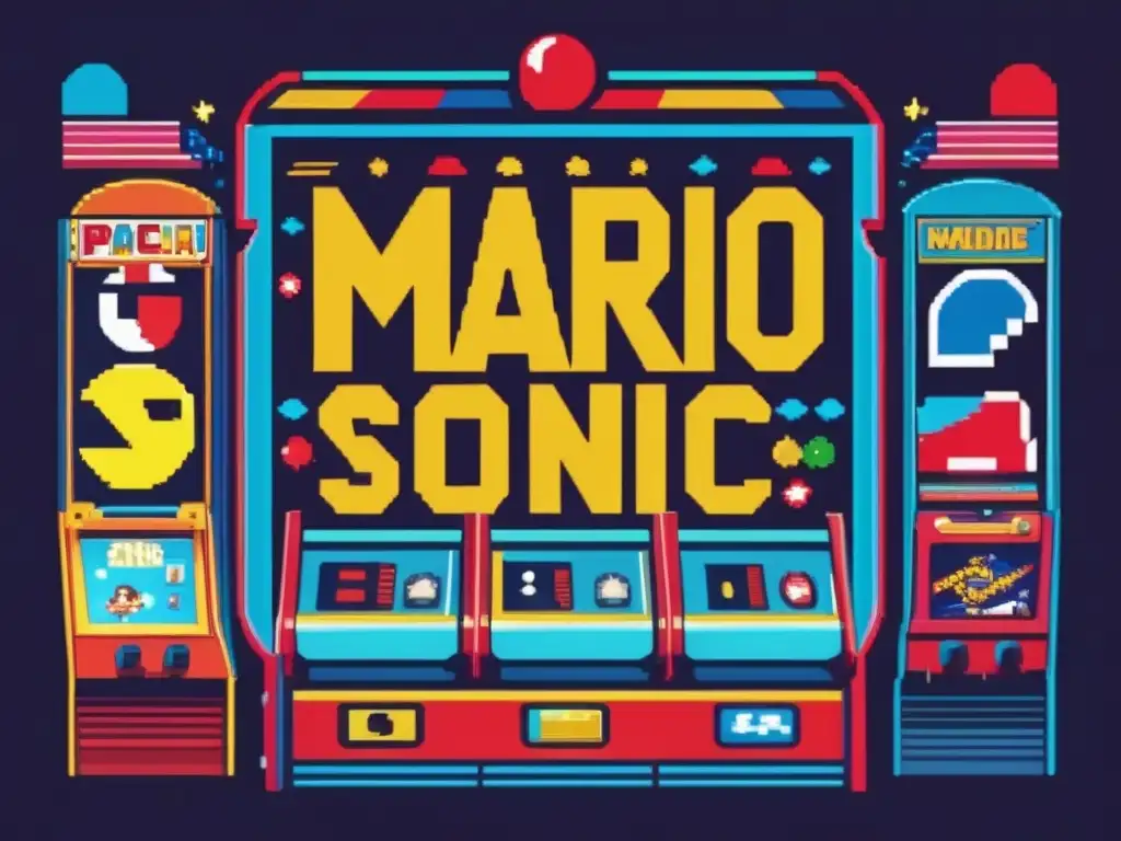 Una representación nostálgica de videojuegos en cine: poster vintage con Mario, Sonic y PacMan en un arcade retro.