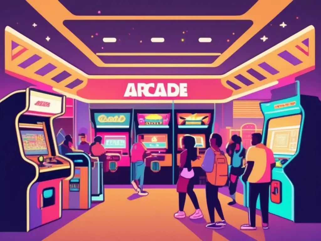 Un nostálgico arcade con luces de neón, personajes pixelados y gente diversa disfrutando de videojuegos. <b>Vínculo positivo entre videojuegos y TDAH.