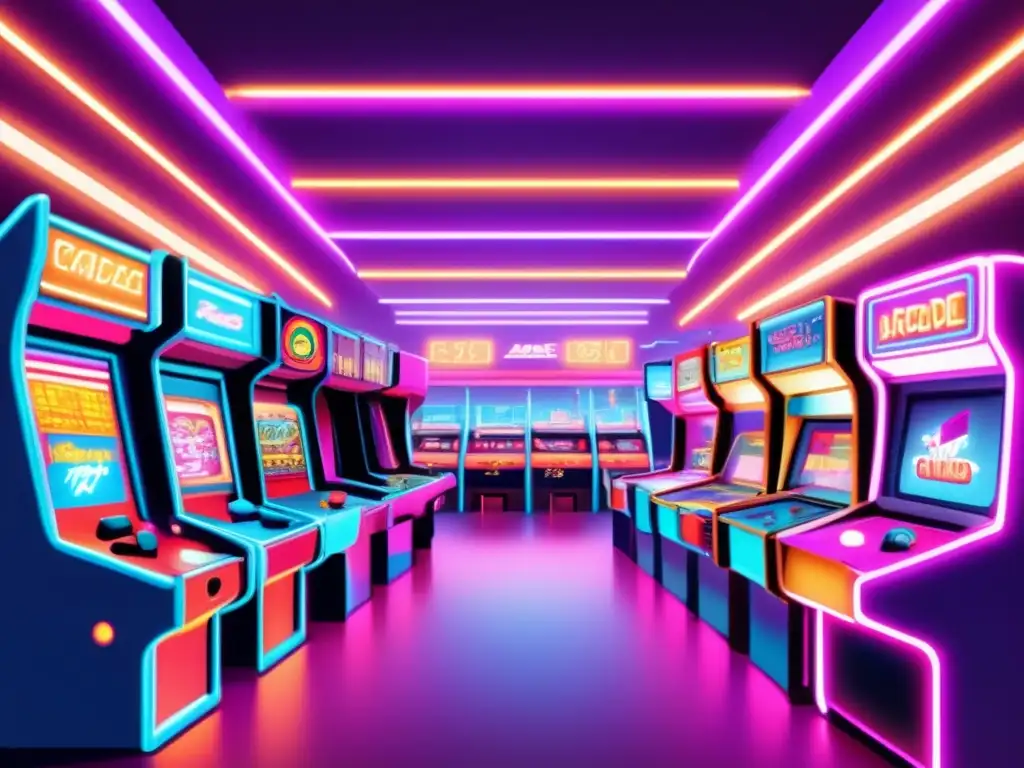 Un nostálgico arcade de los 80, repleto de luces neón y emocionados jugadores, capturando la atmósfera de la época y el impacto cultural de los videojuegos en la historia.