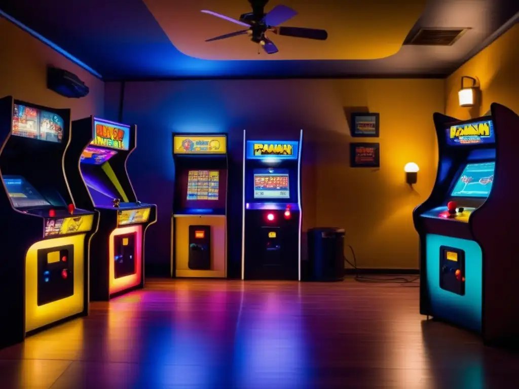 Un nostálgico arcade de videojuegos vintage con luces de neón parpadeantes y una máquina desgastada de PacMan rodeada de jugadores nostálgicos. La habitación tenue está llena del sonido de pitidos y clics de joysticks, creando una atmósfera acogedora