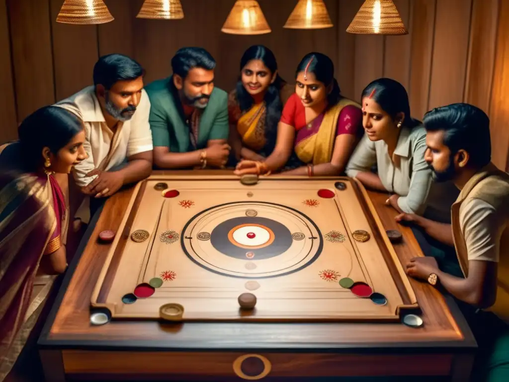 Un nostálgico encuentro alrededor de un tablero de carrom, resaltando su relevancia cultural. <b>Origen y evolución del carrom.