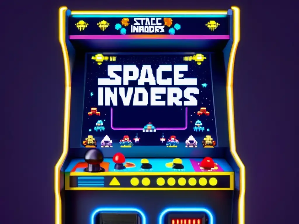 Un nostálgico gabinete de Space Invaders ilumina la atmósfera retro de un arcade, capturando la influencia del juego.
