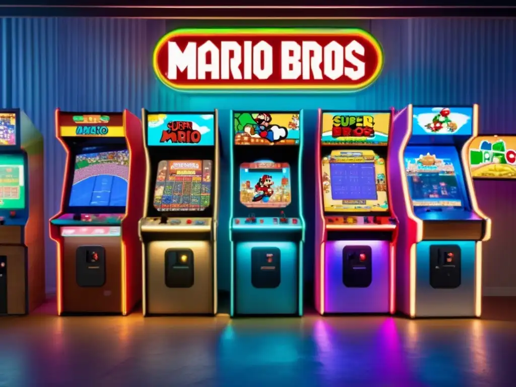 Un nostálgico gabinete de Super Mario Bros destaca en un bullicioso arcade, evocando su impacto cultural.