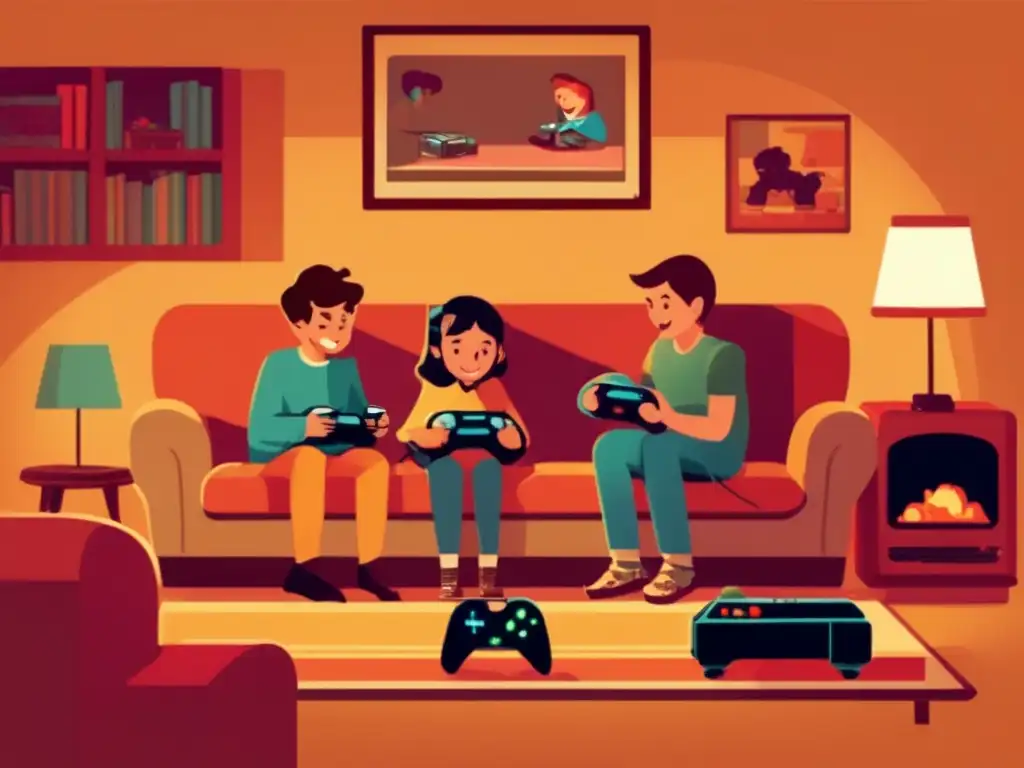 Un nostálgico grupo de niños juega videojuegos en una acogedora sala, mostrando el impacto cultural de los videojuegos.