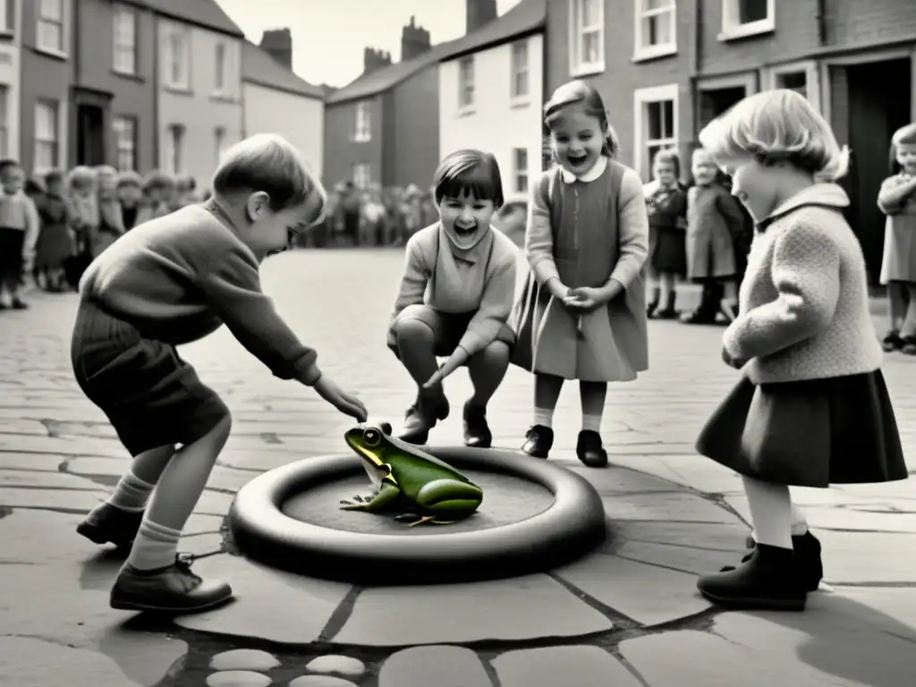 Un nostálgico juego callejero de niños con una rana, evocando la historia y evolución de juegos callejeros.