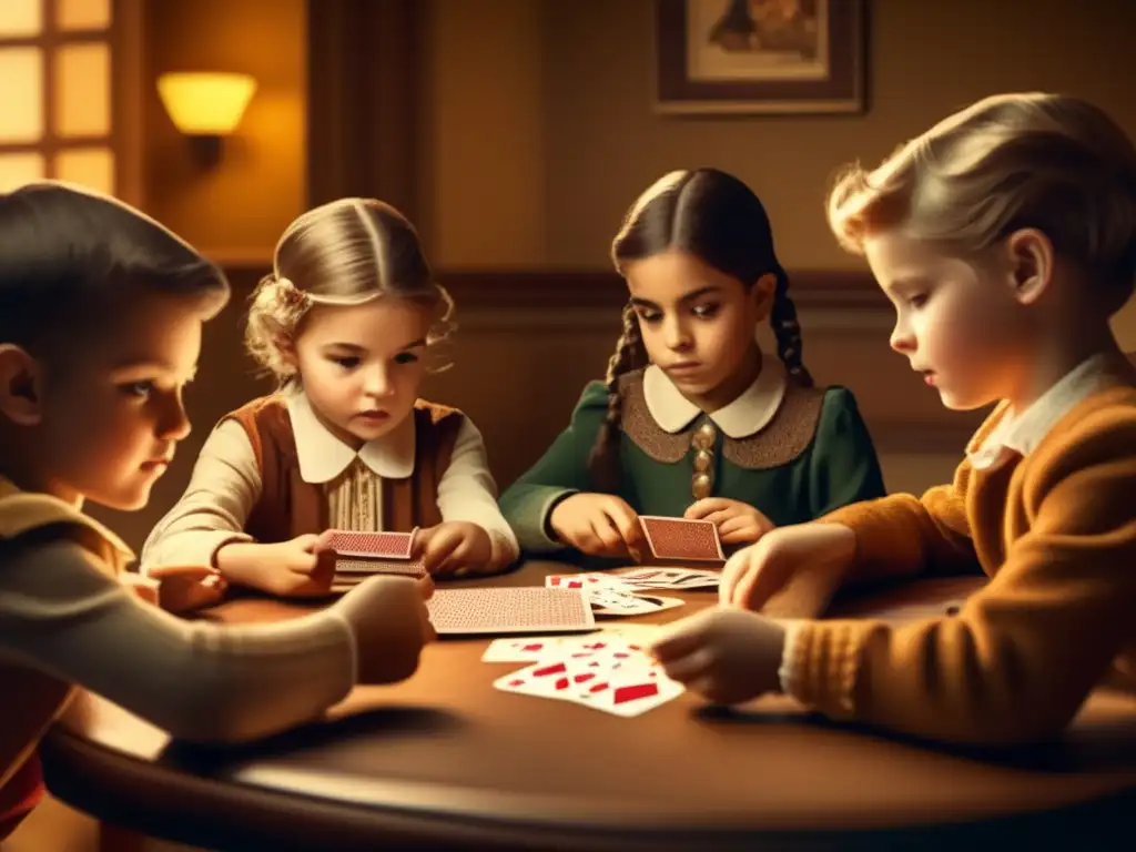 Un nostálgico juego de cartas y matemáticas: niños concentrados en su estrategia, iluminados por tonos cálidos.