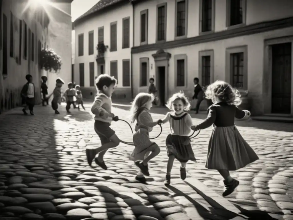 Un nostálgico juego de la comba en el patio de piedra, capturando la alegría de los niños y la atmósfera histórica europea.