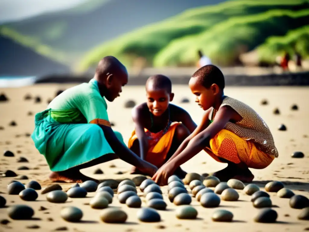 Un nostálgico juego de destreza con piedras en las playas de las Islas Comoras, capturando la esencia de esta tradición cultural única.