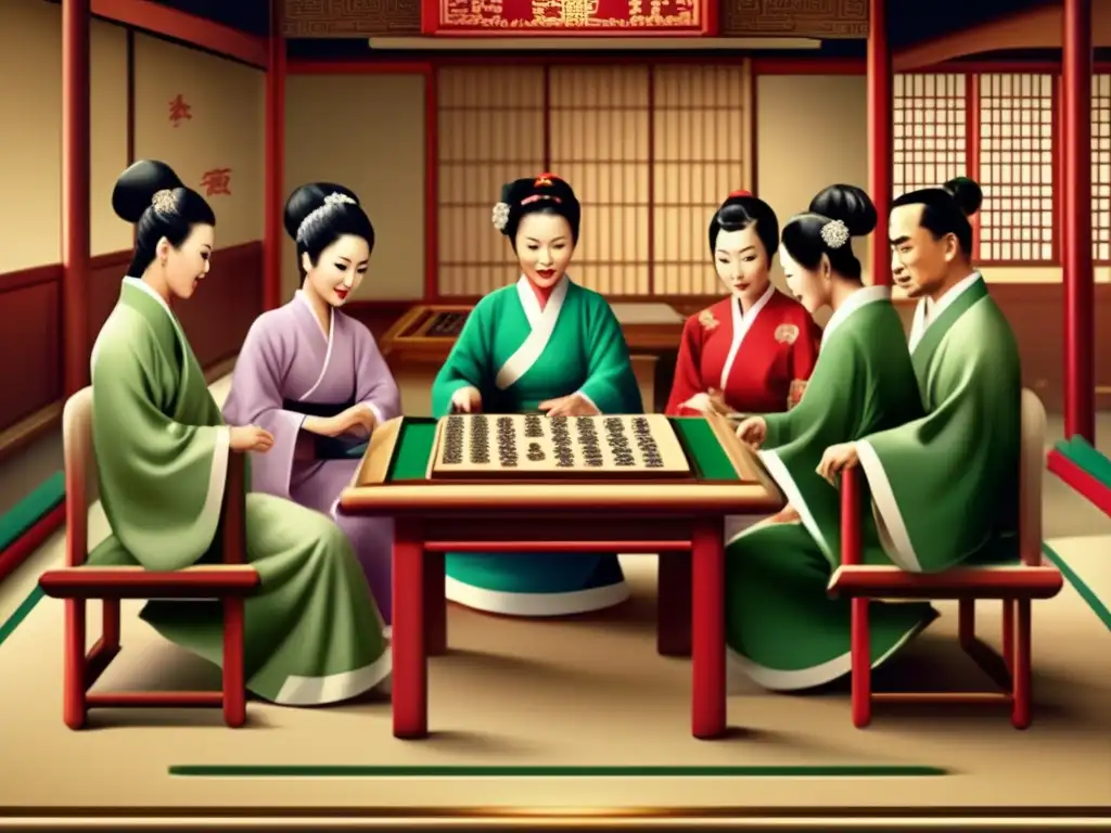 Un nostálgico juego de mahjong en un entorno tradicional chino, evocando la influencia del Mahjong en literatura.