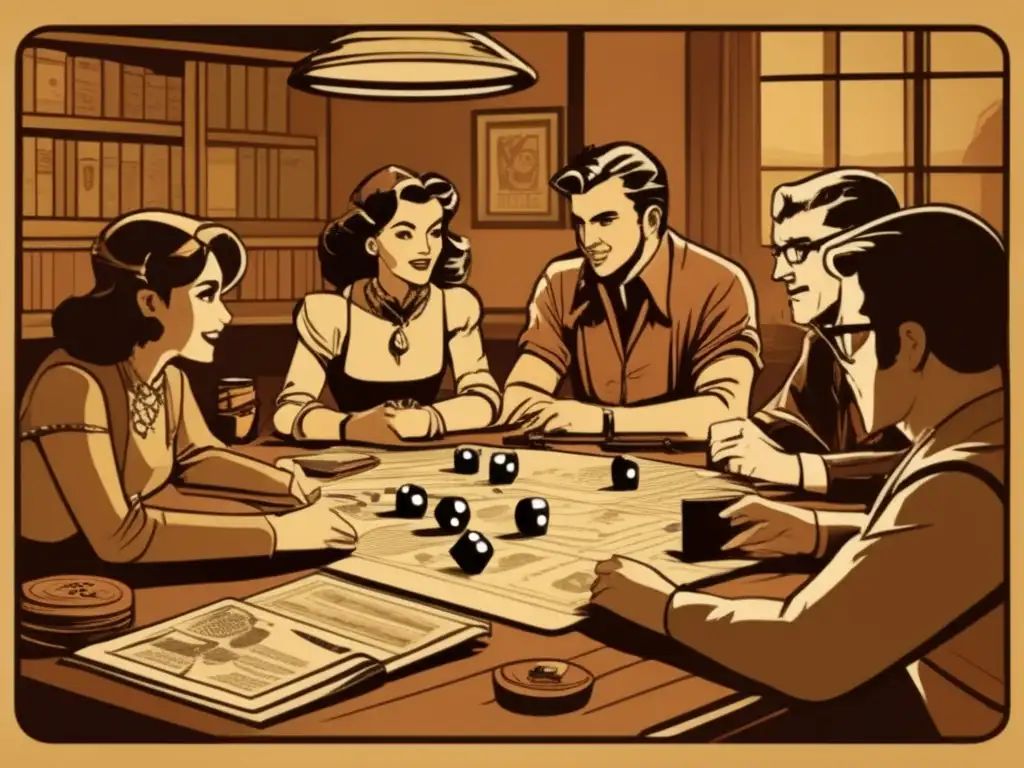 Un nostálgico juego de rol vintage, con jugadores inmersos en la mesa llena de hojas de personajes y dados. El sistema de juego define la experiencia.