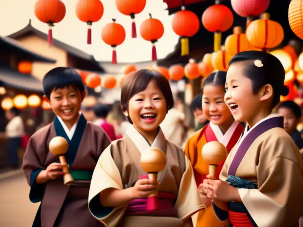 Un nostálgico mercado japonés con niños jugando kendama, adultos en kimonos y faroles de papel. <b>Captura la evolución del kendama en Japón.