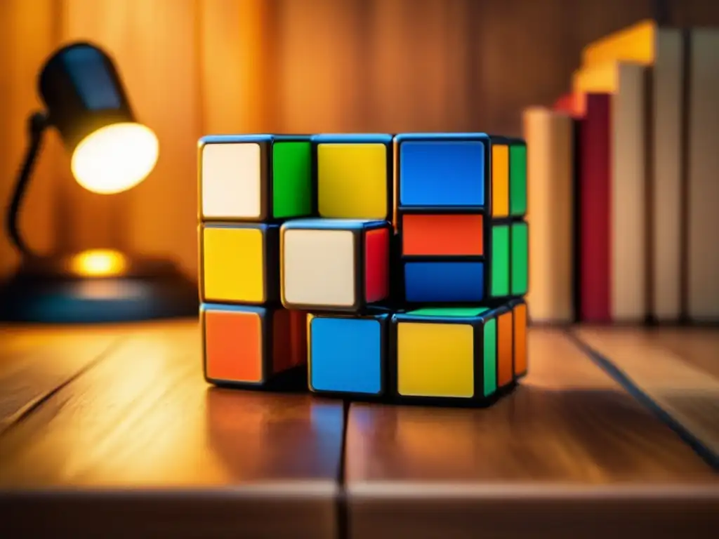 Un nostálgico Rubik's Cube vintage en una mesa de madera, con desgaste en colores y pegatinas. La iluminación cálida resalta su atractivo nostálgico, creando una atmósfera evocadora de la importancia cultural del puzzle de Rubik.