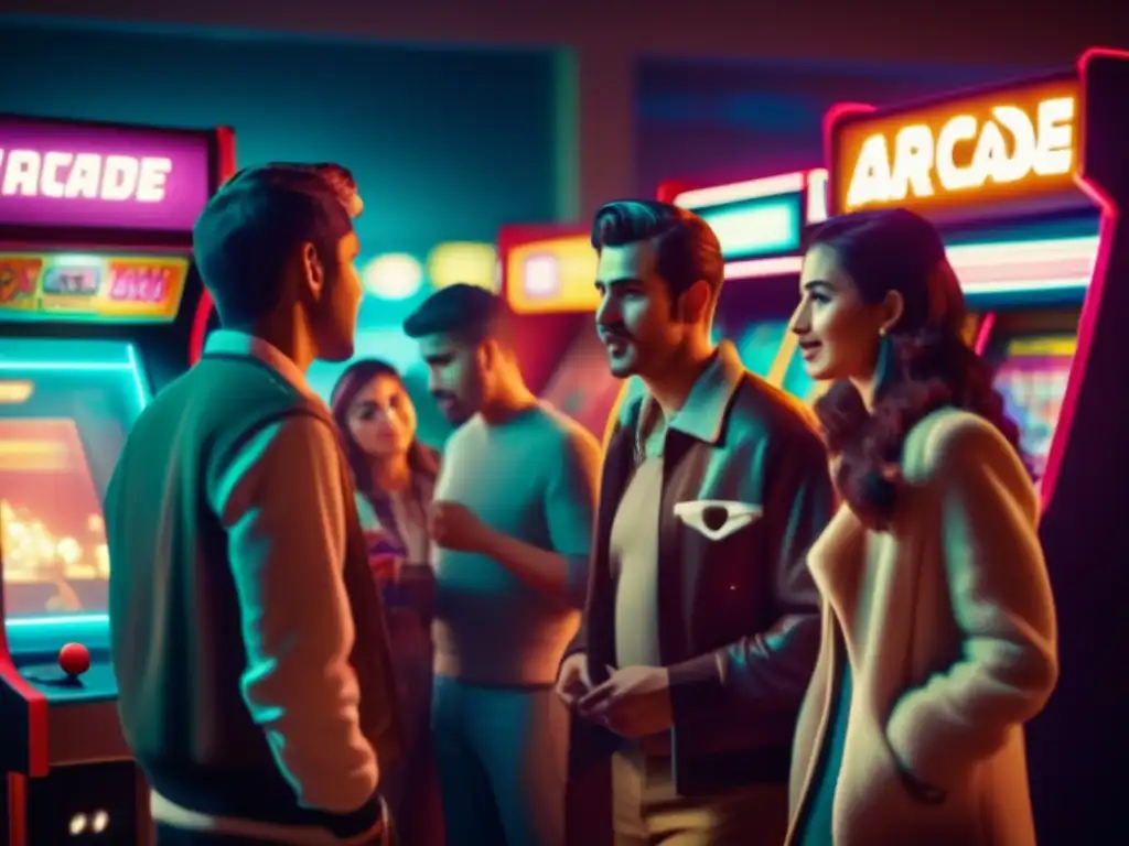 Un nostálgico salón arcade en la penumbra, donde la gente está absorta en juegos. <b>El brillo de las pantallas crea una atmósfera retro.
