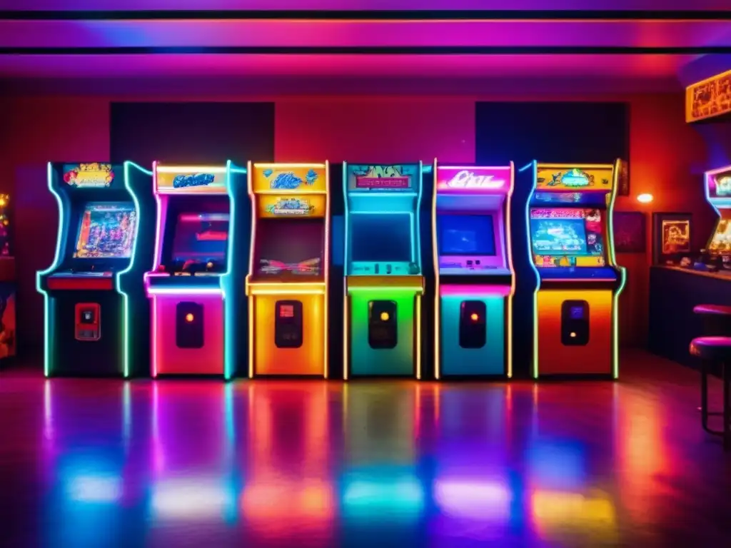 Un nostálgico salón recreativo lleno de luces de neon, risas y diversión, evocando la metamorfosis de las máquinas arcade en los salones recreativos.