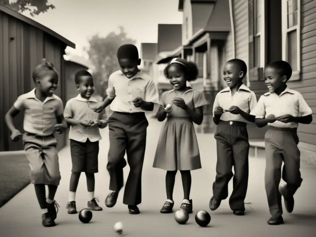 Un nostálgico retrato en blanco y negro de niños jugando con yoyos en un barrio tradicional, capturando la historia del yoyo en América.