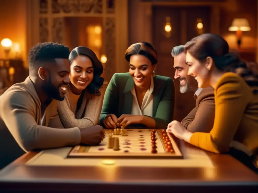 Un nostálgico revival de los juegos de mesa: amigos disfrutan de un juego en una mesa de madera bellamente tallada, bañados en cálida luz dorada.
