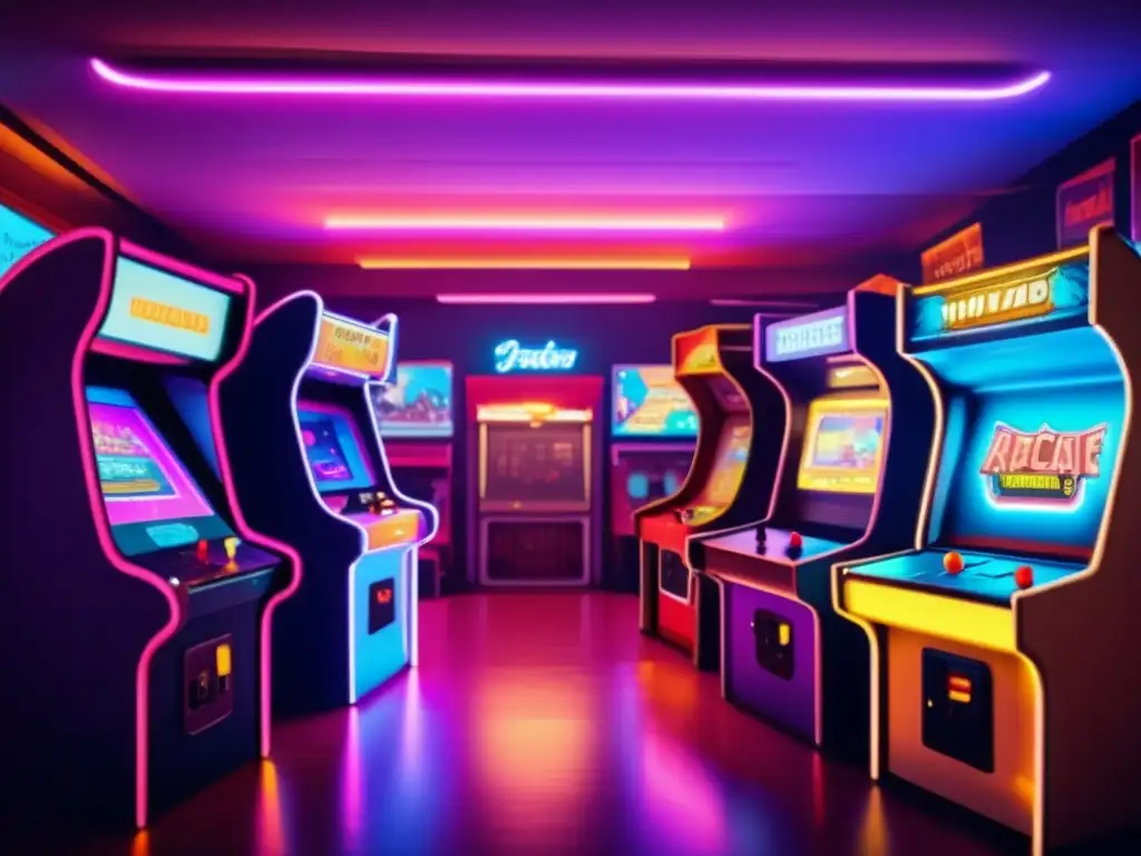 Un nostálgico salón de arcade retro con luces de neón, máquinas vintage y una atmósfera de evolución de los juegos en la cultura.
