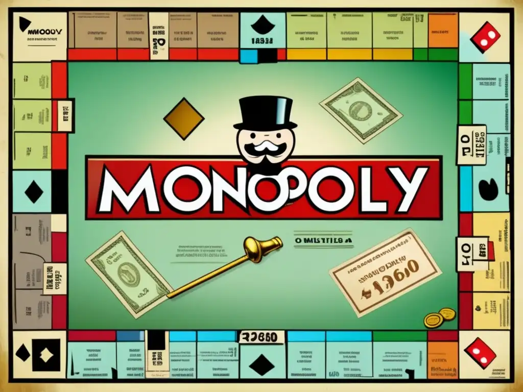 Un nostálgico tablero vintage del juego Monopoly, con detalles desgastados y piezas antiguas, evocando la reflexión sobre Monopolio y Capitalismo.