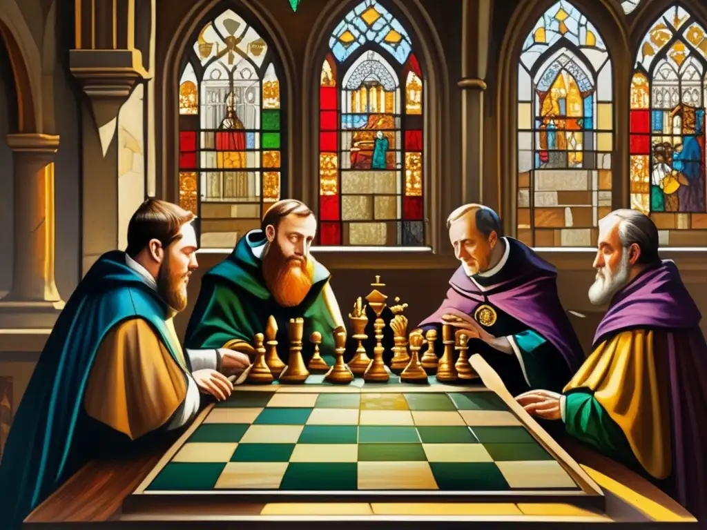 En el opulento interior de una iglesia medieval, los clérigos juegan ajedrez, reflejando la relación entre ajedrez e Iglesia en la Edad Media.