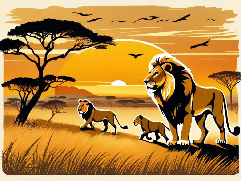 Un orgullo de leones acecha a su presa en la sabana africana al atardecer, mostrando tensión y anticipación. <b>Lecciones de caza en la sabana africana.