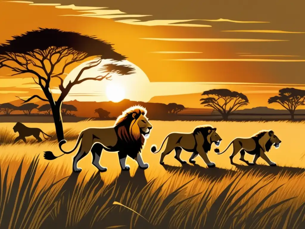 Un orgullo de leones acechando en la sabana africana al atardecer. <b>Lecciones de caza en la naturaleza salvaje.