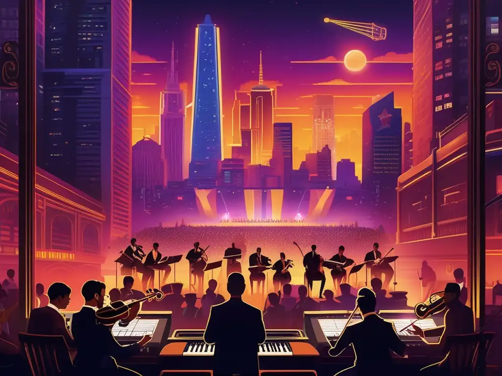 La orquesta en vivo interpreta música de videojuegos en una ciudad nocturna. <b>Actuaciones en vivo de música de videojuegos.