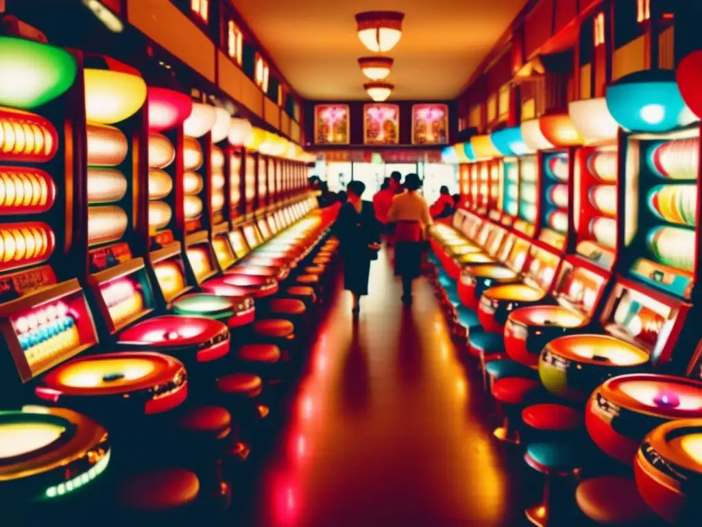Un pachinko parlor bullicioso en Japón, con máquinas de colores brillantes y jugadores concentrados, capturando la energía y emoción del fenómeno cultural. La atmósfera nostálgica evoca la historia y el impacto cultural del Pachinko en Japón.