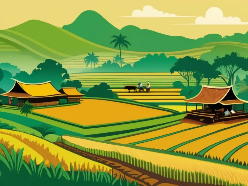 Un paisaje agrícola tradicional de Indonesia, con arrozales y cultivos, evocando el encanto atemporal del juego de siembra y cosecha Indonesia.