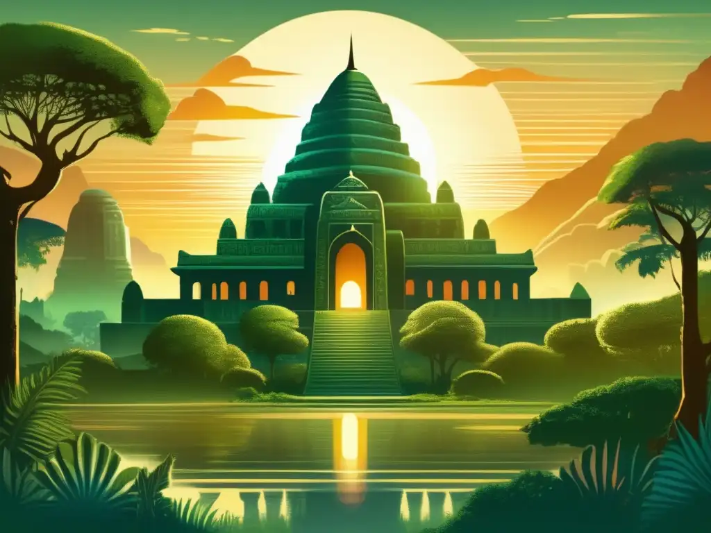 Un paisaje místico con antiguos templos, seres fantásticos y simbolismo religioso en RPG, bañado por la cálida luz del sol poniente.