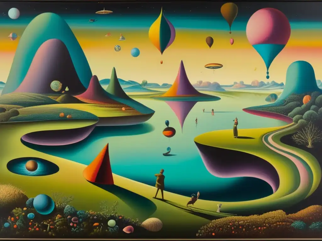 Un paisaje surrealista detallado con figuras enigmáticas jugando en una pintura vintage. <b>Interpretaciones juego en pintura surrealista.