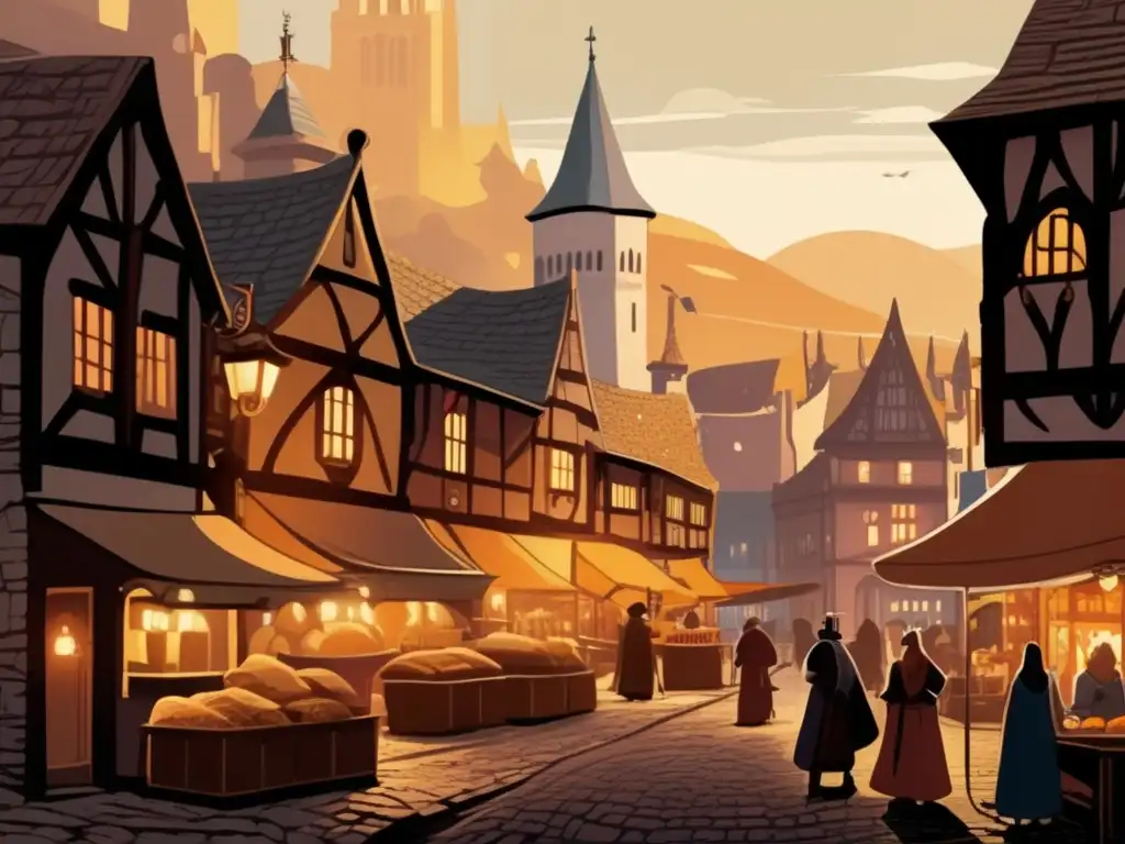 Un paisaje urbano medieval detallado en tonos cálidos y colores suaves, evocando nostalgia y aventura, perfecto para explorar la importancia del diseño gráfico en juegos de rol.