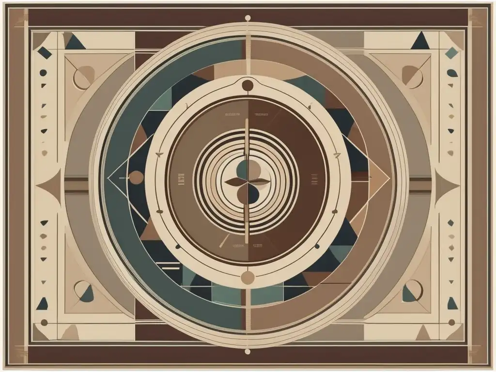Una ilustración vintage de patrones geométricos entrelazados con juegos tradicionales como canicas, rayuela y balero. Los colores son tonos terrosos y los patrones crean una representación visual fascinante de la intersección entre la abstracción geométrica y los pasatiempos cultur