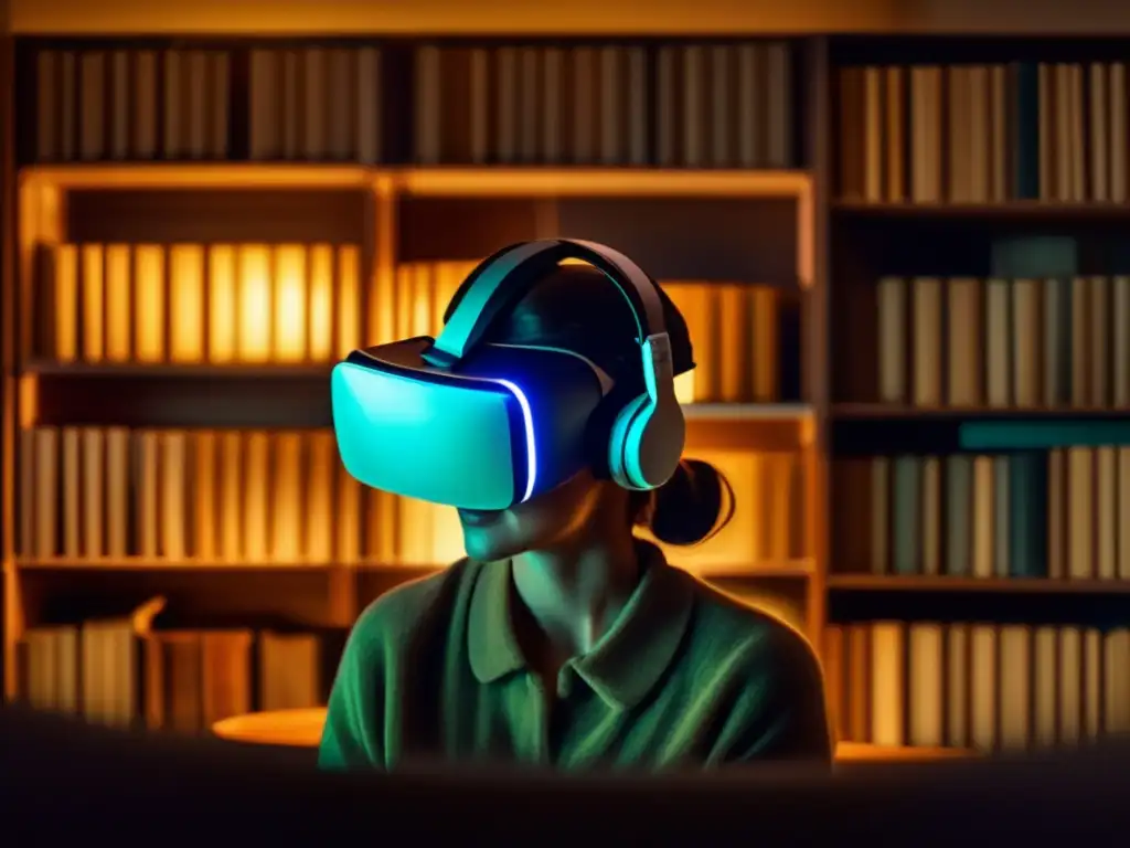 'Persona inmersa en realidad virtual vintage, rodeada de libros antiguos, transmite nostalgia y calma. Tratamiento de fobias con realidad virtual.'