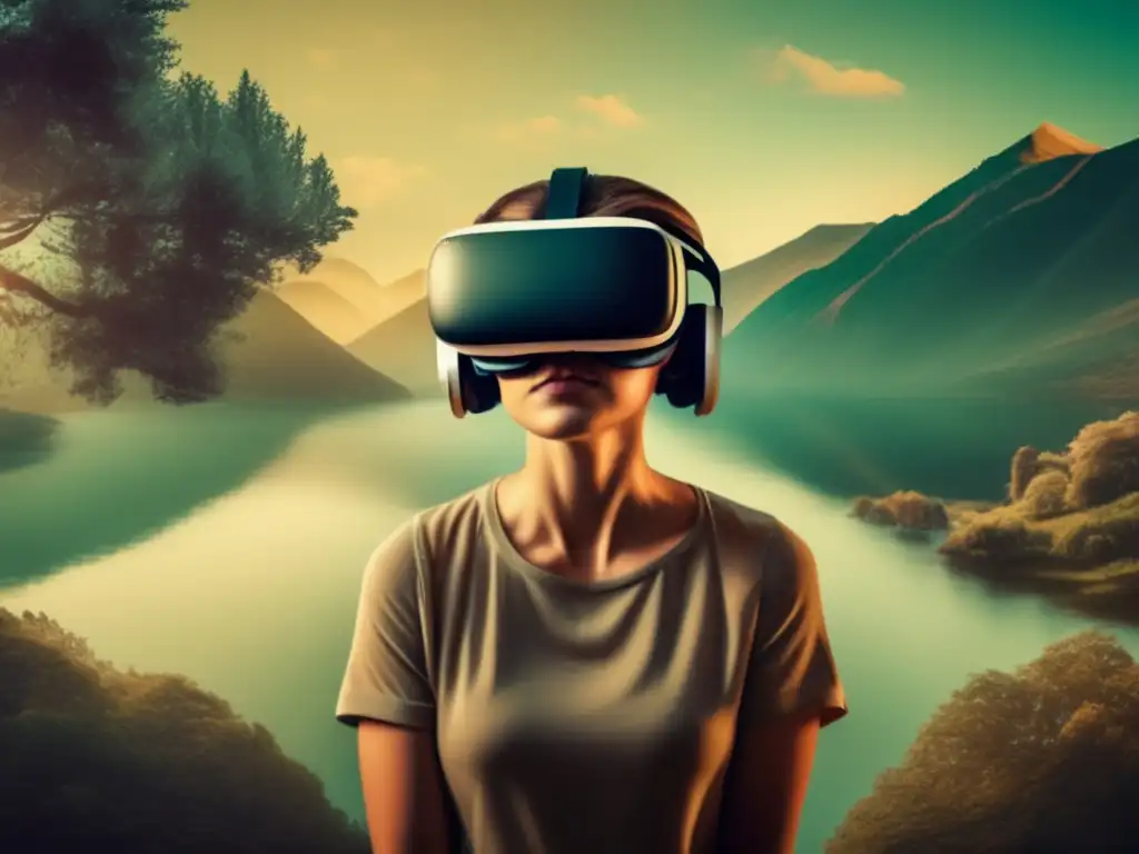 Una persona tranquila supera fobias con realidad virtual en un entorno sereno y natural. Tratamiento de fobias con realidad virtual.