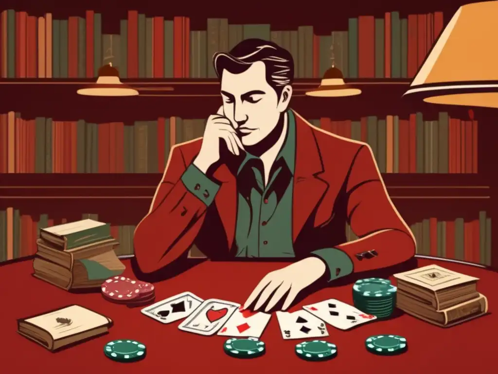 Un personaje contemplativo en una mesa de póker rodeado de libros clásicos, fichas y cartas. <b>Evoca la psicología del póker en personajes.