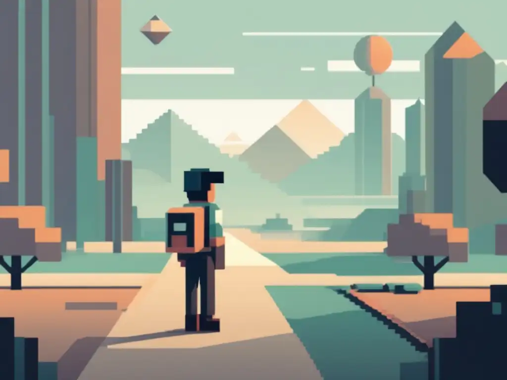 Un personaje de juego indie pixelado navega un mundo minimalista con mecánicas minimalistas en una ilustración vintage.