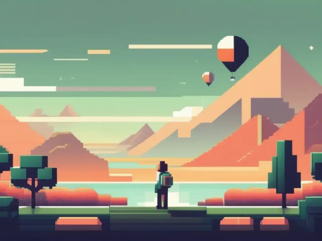 Un personaje de juego pixelado explorando un paisaje minimalista, evocando calma y contemplación. <b>Juegos indie mecánicas minimalistas.