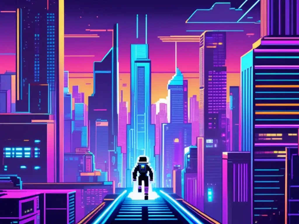 Un personaje de videojuego 8 bits salta entre rascacielos en una ciudad futurista, destacando el desarrollo de la inteligencia espacial.