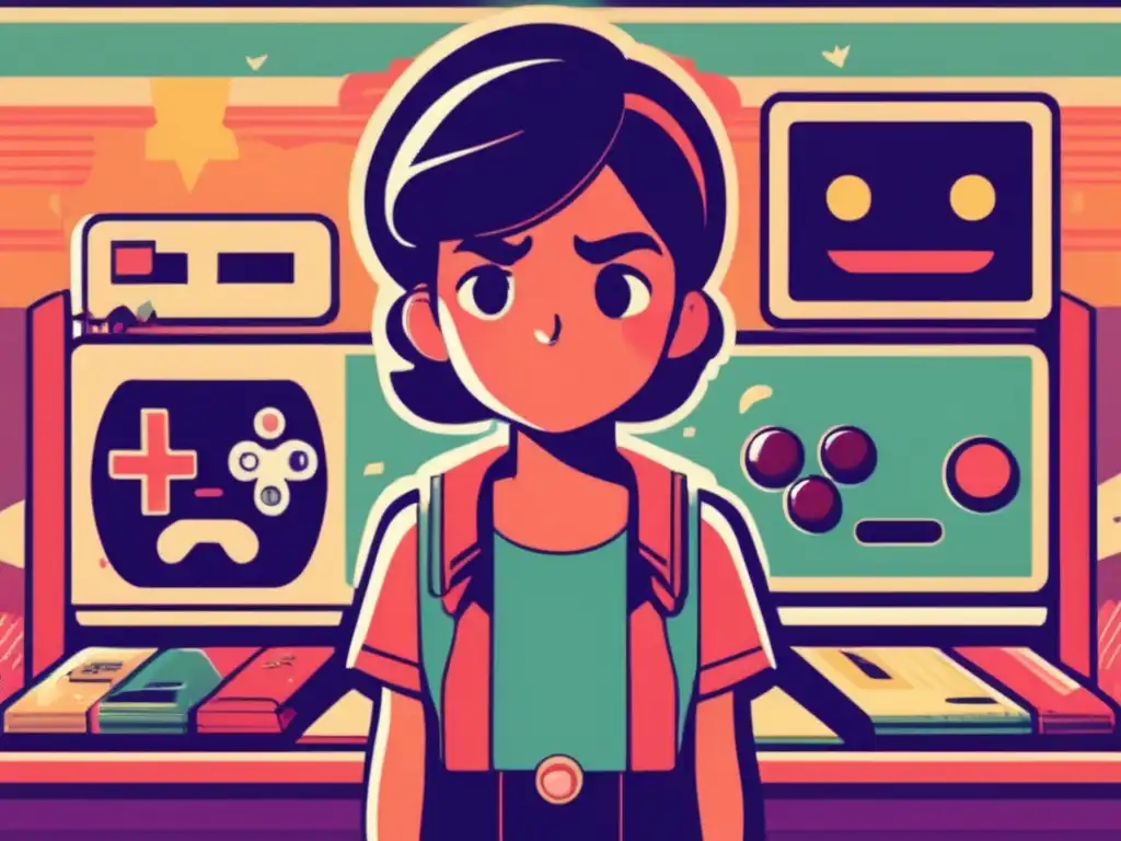 Un personaje vintage en un mundo de videojuegos muestra emociones, desde alegría hasta tristeza, desarrollando inteligencia emocional.