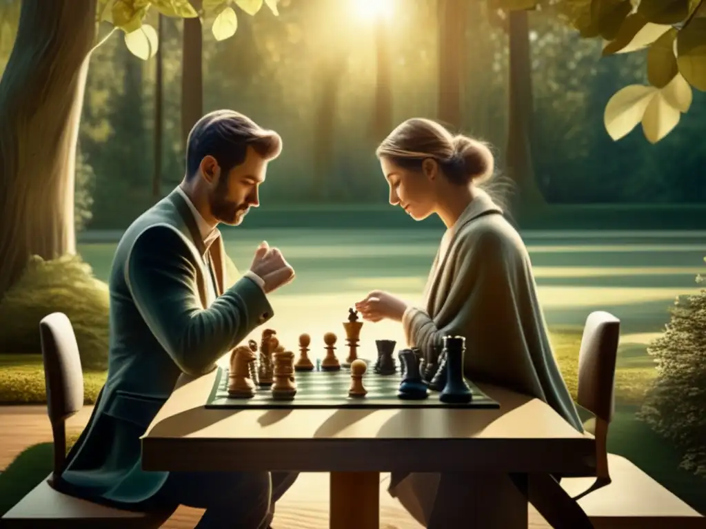 Dos personas juegan ajedrez en un entorno sereno y meditativo, con luz suave filtrándose entre los árboles. <b>Evoca contemplación espiritual y conexión.