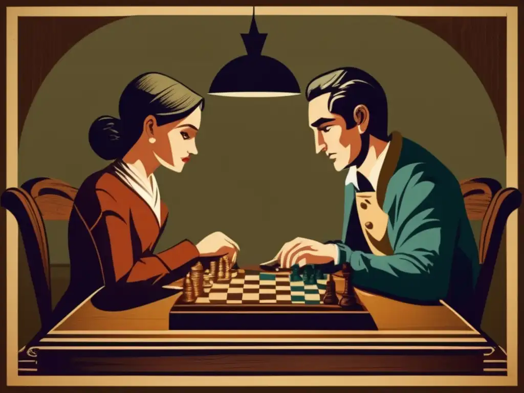 Dos personas juegan ajedrez en una habitación acogedora y tenue. <b>Detalles vintage y estrategias de juegos clásicos intervención cognitiva.